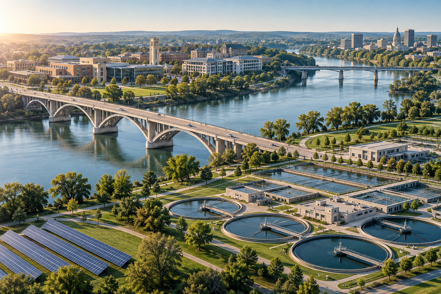 Illustrated public infrastructure with bridges, a campus and water facilities