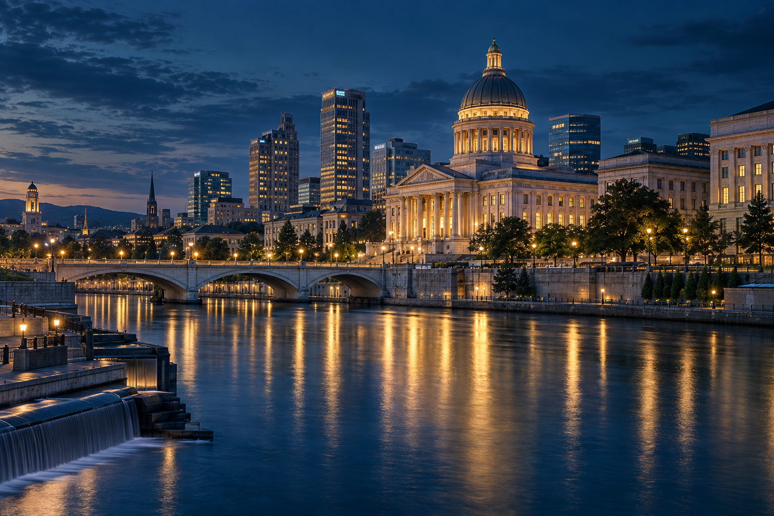 Illustrated civic waterfront with a government building, bridge and city skyline at blue hour